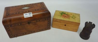 A Victorian herring bone walnut tea caddy including another box decorated with roses and a tower