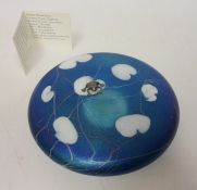 Glasform circular iridescent lily pad paperweight with a silver coloured frog,