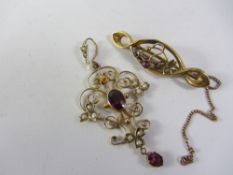 Edwardian ruby and pearl pendant and a similar brooch stamped 9ct Condition Report