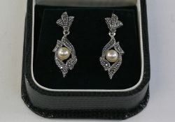Pair of pearl and marcasite pendant ear-rings stamped 925 Condition Report <a