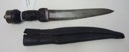 Scottish small dirk with ebony knot carved hilt, leather scabbard,