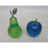 Two Glasform iridescent paperweights, a pear and apple with silver coloured leaf design,