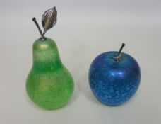 Two Glasform iridescent paperweights, a pear and apple with silver coloured leaf design,
