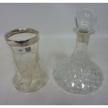 Birmingham silver collared cut glass ships decanter and a silver collared glass vase (2)