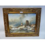 'Dutch Winter Scene' oil on panel, unknown artist, in elaborate gilt frame,