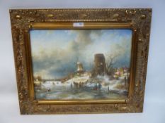 'Dutch Winter Scene' oil on panel, unknown artist, in elaborate gilt frame,