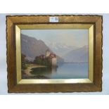 'Continental Lake Scene', oil on board, unknown artist signed G D lower left,