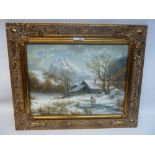 'Continental Winter Scene' oil on panel, unknown artist, in elaborate gilt frame,