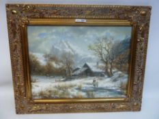 'Continental Winter Scene' oil on panel, unknown artist, in elaborate gilt frame,