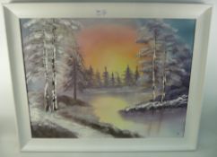 'Sunset Lake', oil on canvas, unknown artist signed monogram PF,