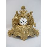 Late 19th century French spelter mantle clock, mounted by figures and foliate fountain,