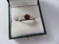 Three stone ruby and brilliant cut diamond white gold ring hallmarked 18ct - ruby approx 1 carat