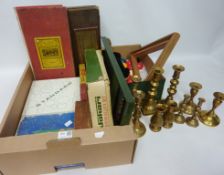 Snooker balls, old board games, brass candle sticks, snooker accessories, record album,