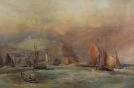 Robert Ernest Roe (British 1852-1921): Sail and Steam Vessels off the Lighthouse Scarborough,