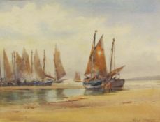 Albert George Strange (British 1855-1917): Fishing Fleet on the Sands at Low Tide,