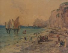 James Kay (Scottish 1858-1902): Busy Beach Scene at 'Etretat Normandy',