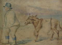W H (19th century): 'The Donkey Man on the Beach Whitby', watercolour monogrammed and dated '77,