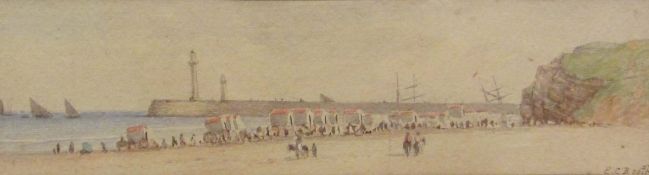 Edward C Booth (British 1821-c1893): Bathing Machines on Upgang Beach Whitby & Looking towards