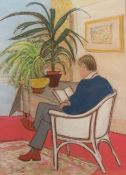 Pat Faust (British Contemporary): 'Man Reading in White Cane Chair', pastel signed and dated '90,