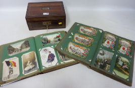 Rosewood work box inlaid with mother of pearl and two albums of Victorian and later postcards