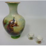 Royal Worcester vase decorated with a peacock and peahen on a branch, by C V White, shape no.