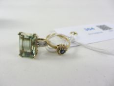 Green tourmaline and diamond accent ring hallmarked 9ct and a heart shaped sapphire and diamond