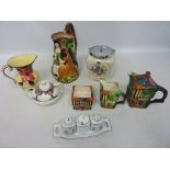 1930s Royal Winton 'Ye Old Swan Inne' three piece tea set, Midwinter biscuit barrel, 'Pan' cruet,