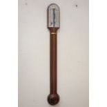 Mahogany open face mercury stick barometer with red spirit thermometer, signed 'Russell Norwich',