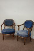 Pair early 20th century oak armchairs upholstered in blue velvet, carved detail,