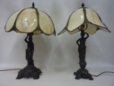 Two cast metal Victorian style table lamps with coloured glass shades (This item is PAT tested - 5