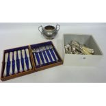 Silver-plated ware including cutlery, twin handled vase and a set of fish knives and forks,