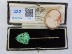 Cameo brooch hallmarked 9ct and a jade brooch tested to 10ct Condition Report