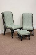 Victorian Empire ebonised x-framed chair upholstered in pale green damask fabric and another
