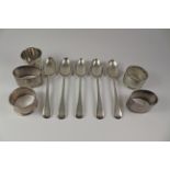 Set of five silver teaspoons, egg cup,