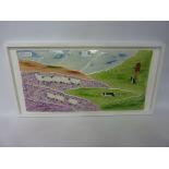 Eskdale studio white framed ceramic hand painted mosaic depicting sheep and collies W57cm