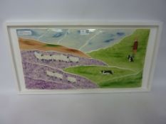 Eskdale studio white framed ceramic hand painted mosaic depicting sheep and collies W57cm