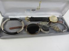 Vintage marcasite cocktail watches, onyx bangle and brooches,