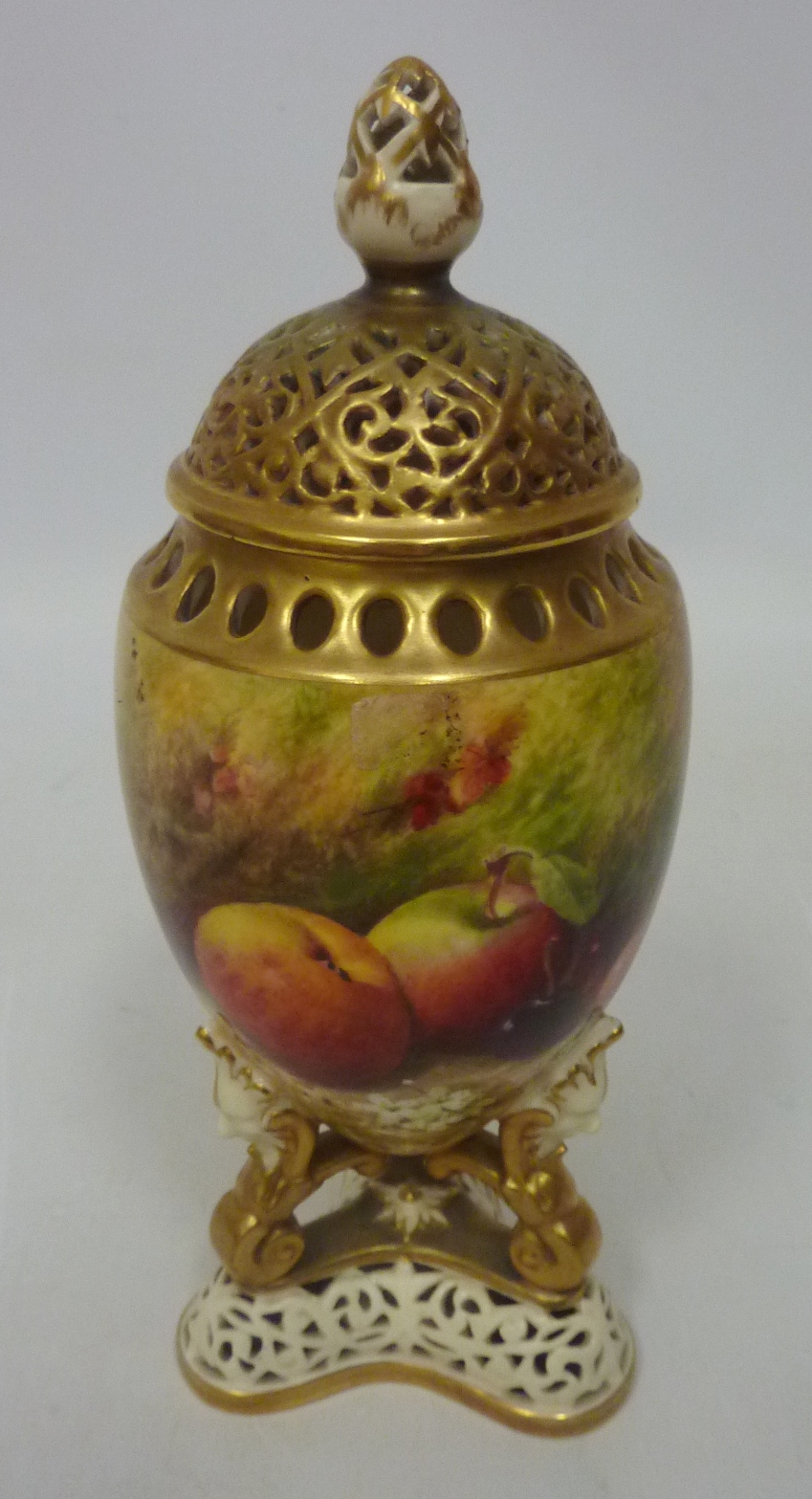 Royal Worcester pomander and cover decorated with apples and cherries signed by William Ricketts,