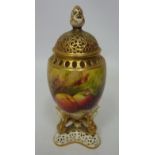 Royal Worcester pomander and cover decorated with apples and cherries signed by William Ricketts,