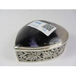 Silver heart shaped trinket box with Derbyshire Blue John lid and filligree sides London 1973