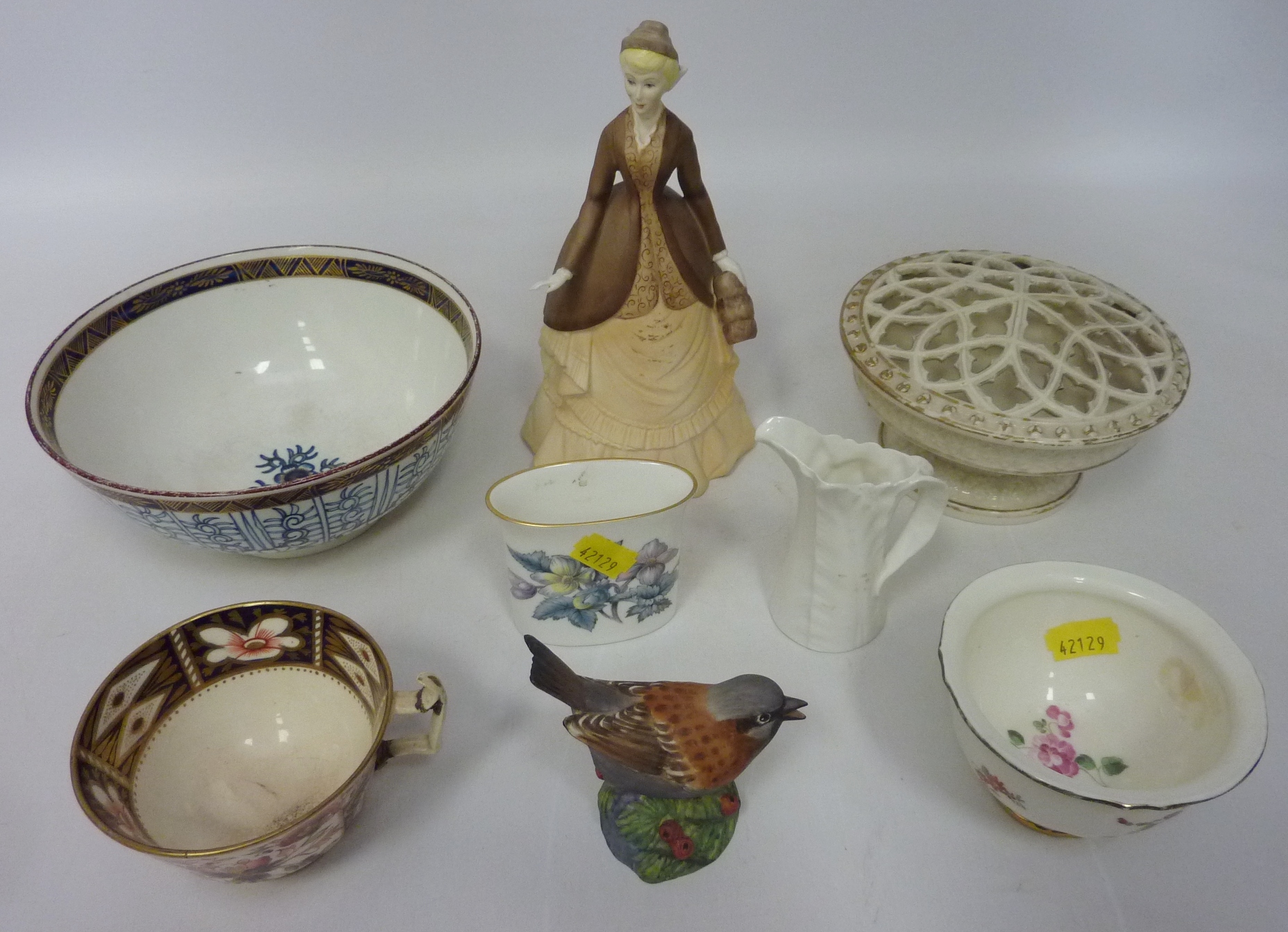 Various Royal Worcester items including a figure 'Autumn Song', small jug, two dishes, a sparrow,