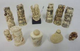 A collection of carved bone and resin oriental figures and carved scent bottles