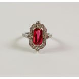 Ruby and diamond cluster white gold ring in the Art Deco style - ruby approx 2.