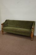 Large Victorian walnut framed upholstered sofa, turned arm supports and feet,