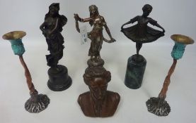 Two bronze figures of young ladies two others and a contemporary pair of candlesticks
