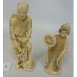 Two 19th/ early 20th century carved ivory Japanese Okimono of a man pruning, H 19.