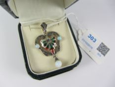Plique a jour and marcasite pendant necklace set with opals stamped 925 Condition Report
