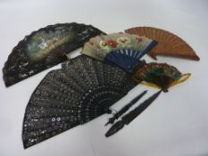 Accessories - Five fans including an oriental carved fan, two hand-painted,