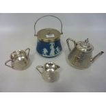 Edwardian Wedgwood biscuit barrel and a small silver-plated tea 'All The Round' tea set