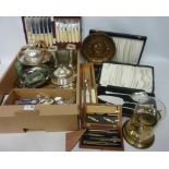 Silver-plated items including a pair of candle sticks, covered dish, cased cutlery sets, cruet,